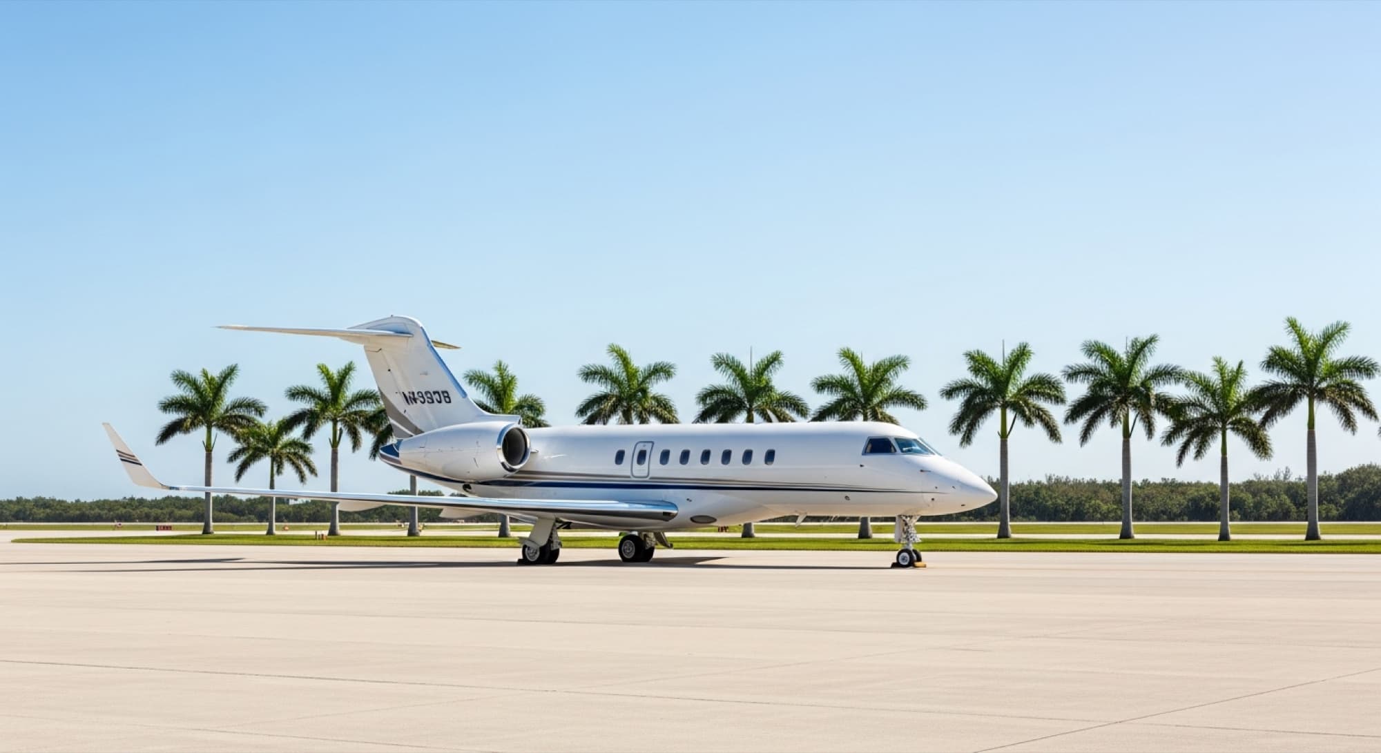 A business jet on a South Florida ramp lined with palm trees