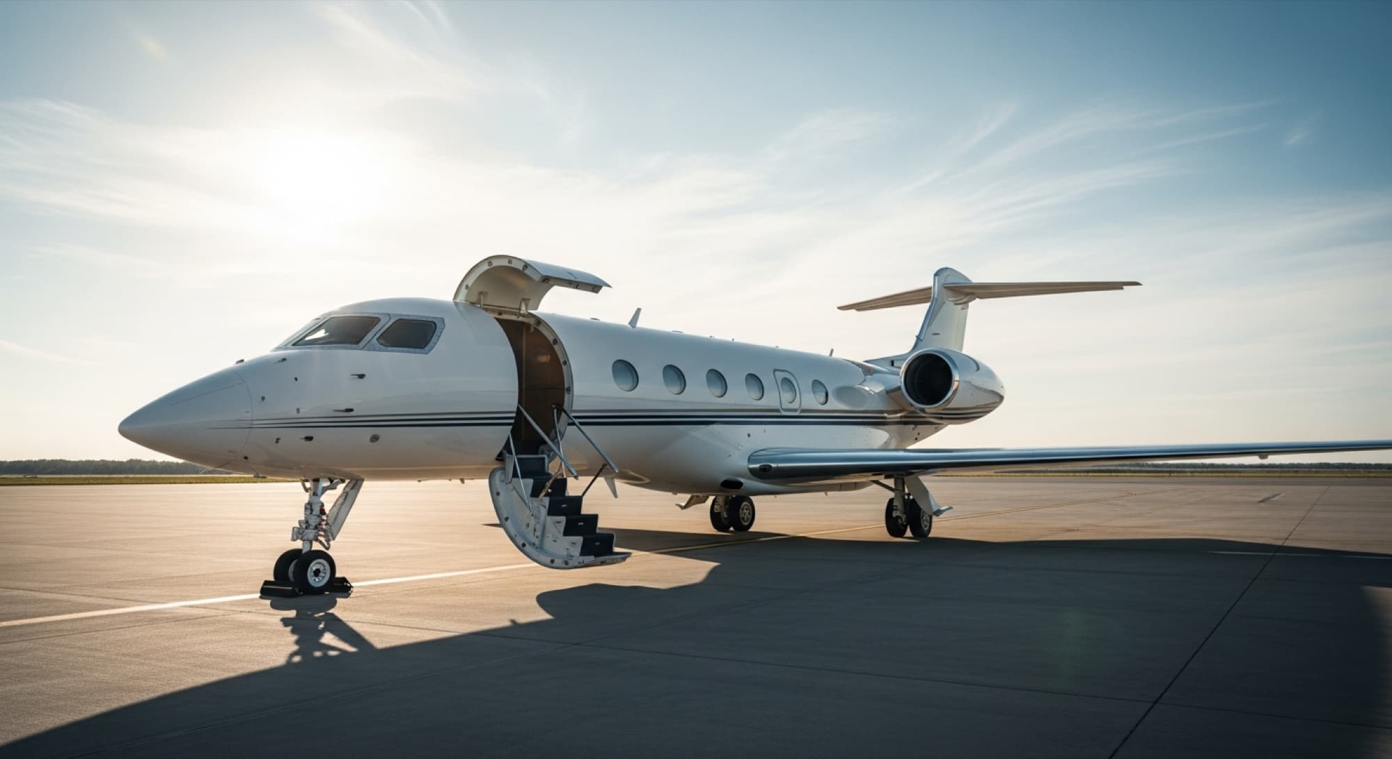 A business jet with its airstair door open on the tarmac